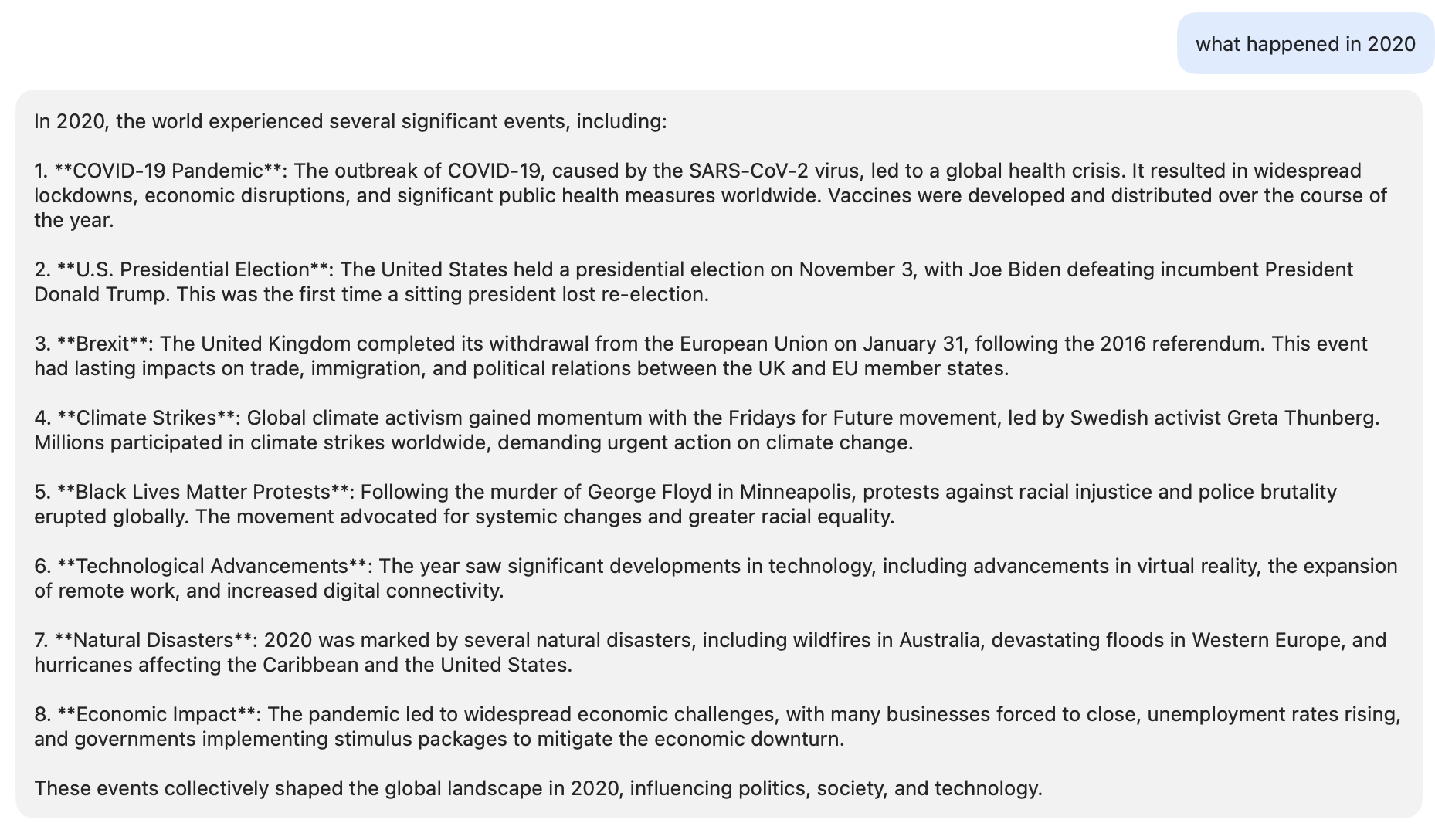 Screenshot of a chat interface with the LLM responding with historical facts about 2020