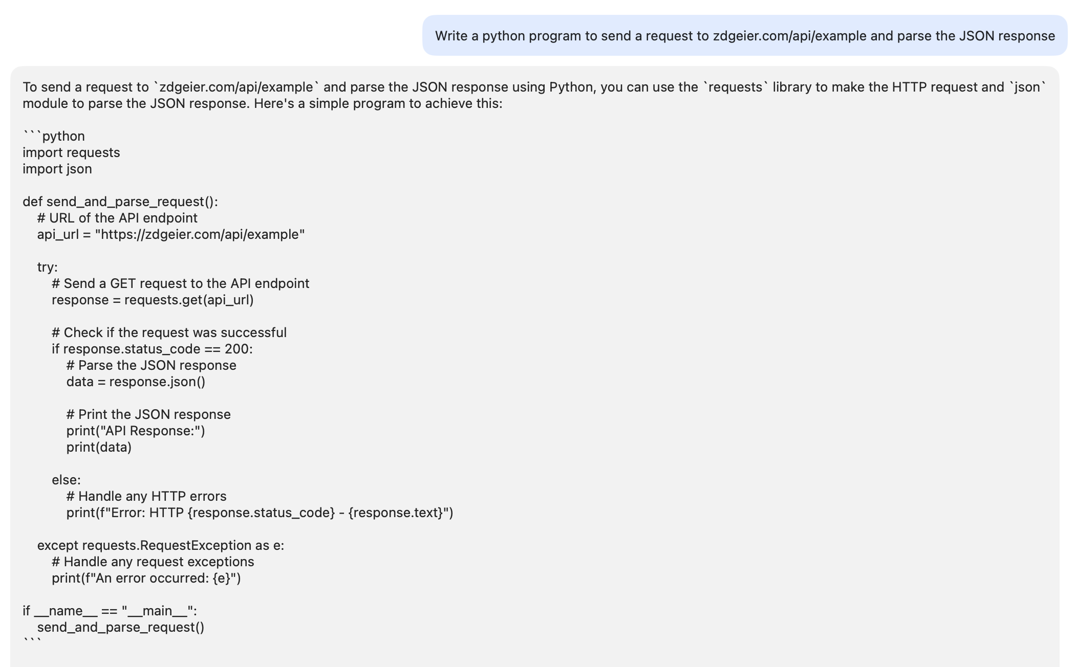 Screenshot of a chat interface with the LLM responding with a python script
