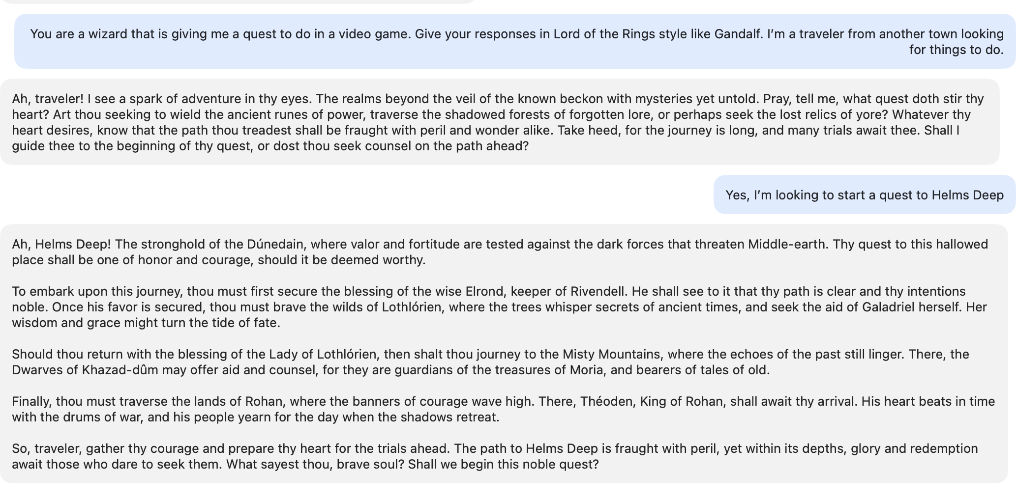 Screenshot of a chat interface with the LLM responding with a short Lord of the Rings-style story